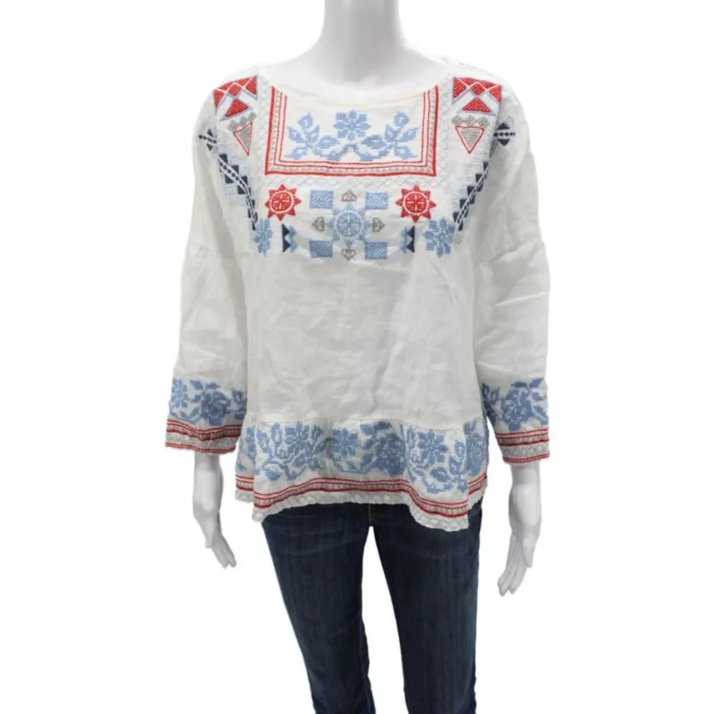 Johnny Was Women Tunic Linen Geometric Multicolor 3/4 Sleeve Boho Size XS